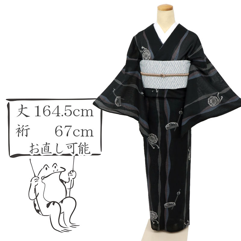 【中古】長尺洗える夏着物 小紋 立涌に鏡かんざし櫛 カジュアル 黒 身丈164.5cm 裄丈67cm 化繊着物 KB7-65