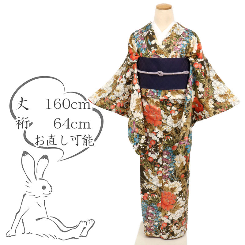 【中古】特選 小紋 籬に花々鮮やかボタニカル模様 カジュアル 茶緑 身丈160cm 裄丈64cm 袷正絹着物 KC11-16