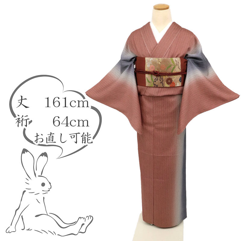 【中古】単衣 特選 小紋 縞の地紋に筋ぼかし カジュアル 赤×藍鉄色 身丈161cm 裄丈64cm 和装 正絹着物 KC5-4