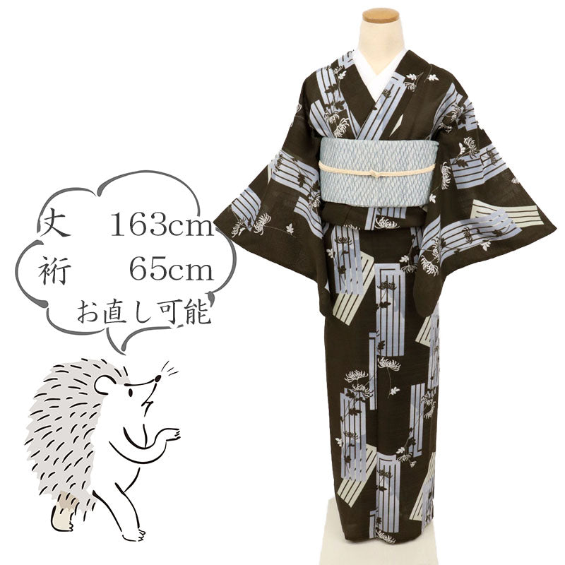 【中古】長尺 洗える♪夏着物 小紋 源氏香に菊の花模様 カジュアル 焦茶 身丈163cm 裄丈65cm 和装 化繊 KC6-29 lsize トールサイズ