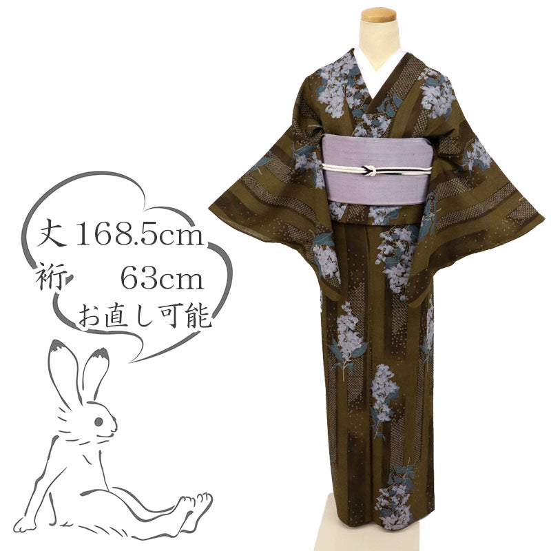 【中古】長尺 洗える夏着物『コムサデモード』掠れ縞に竜胆の花 カジュアル 茶 身丈168.5cm 裄丈63cm 和装 化繊着物 KC6-30