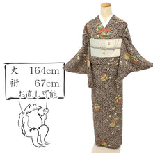 画像をギャラリービューアに読み込む, 【中古】長尺 洗える夏着物 小紋 細やか桜に手毬 濃茶色 化繊着物 ポリエステル カジュアル 身丈164cm 裄丈67cm KC7-77
