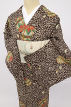 画像をギャラリービューアに読み込む, 【中古】長尺 洗える夏着物 小紋 細やか桜に手毬 濃茶色 化繊着物 ポリエステル カジュアル 身丈164cm 裄丈67cm KC7-77
