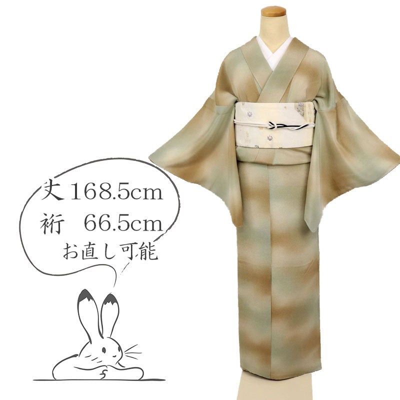 【中古】長尺 小紋 横段ぼかし 濱ちりめん カジュアル 砂色ベージュ緑 身丈168.5cm 裄丈66.5cm 和装 きもの 袷正絹着物 KG11-3 lsize トールサイズ