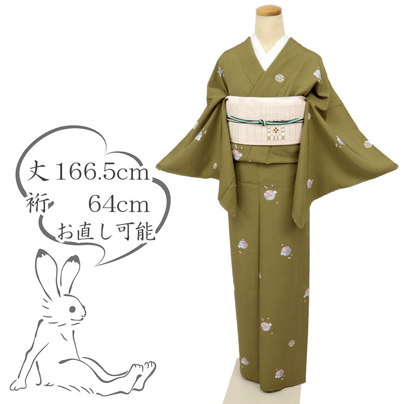 【中古】長尺 単衣 小紋 シンプル雪輪に花兎 カーキグリーン カジュアル 身丈166.5cm 裄丈64cm 正絹着物 KG5-4