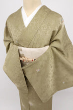 画像をギャラリービューアに読み込む, 【中古】単衣 小紋 作家物 ふわり蛍ぼかしに花の丸 落款有 利休茶色緑 カジュアル 身丈160.5cm 裄丈68cm 単衣着物 KG6-11
