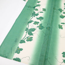 画像をギャラリービューアに読み込む, 【中古】長尺 夏着物『綿絽』小紋 ラインぼかしに花葉 カジュアル 白×緑 身丈165.5cm 裄丈67.5cm 木綿浴衣 KG7-60
