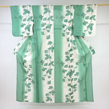 画像をギャラリービューアに読み込む, 【中古】長尺 夏着物『綿絽』小紋 ラインぼかしに花葉 カジュアル 白×緑 身丈165.5cm 裄丈67.5cm 木綿浴衣 KG7-60
