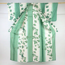 画像をギャラリービューアに読み込む, 【中古】長尺 夏着物『綿絽』小紋 ラインぼかしに花葉 カジュアル 白×緑 身丈165.5cm 裄丈67.5cm 木綿浴衣 KG7-60
