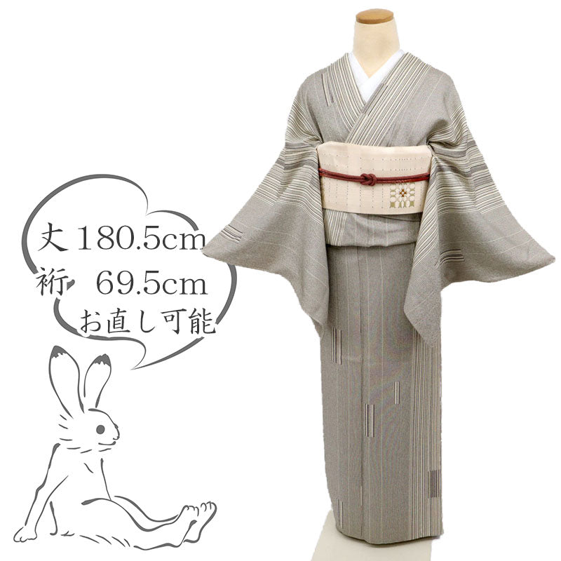 【中古】長尺 単衣 細やか縞模様に格子 白黒モノトーン カジュアル 身丈180.5cm 裄丈69.5cm 正絹着物 KH4-5