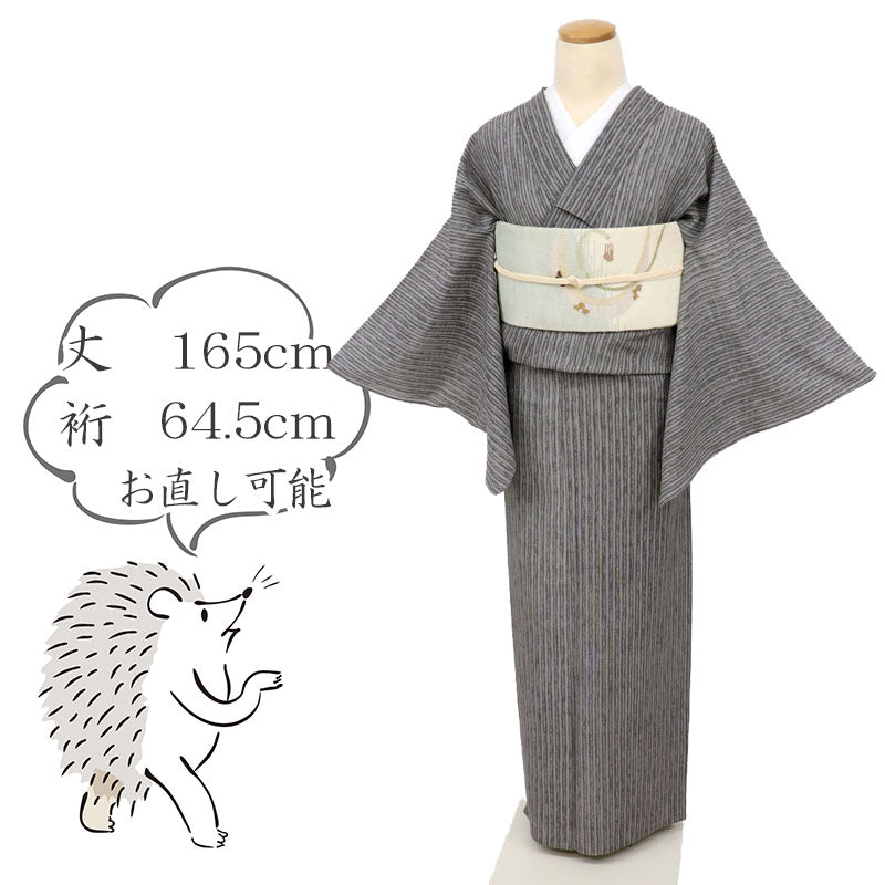 【中古】長尺『絽』夏着物 小紋 細やか縞模様 カジュアル 濃淡グレー 身丈165cm 裄丈64.5cm 正絹着物 KH4-50