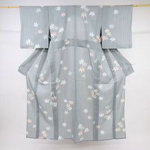 画像をギャラリービューアに読み込む, 【中古】 洗える夏着物 小紋 舞う紅葉 ブルーグレー 化繊着物 カジュアル 身丈161cm 裄丈61cm KH7-40
