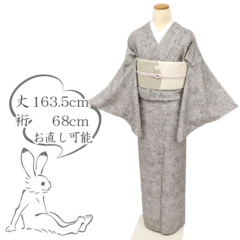 【中古】長尺 単衣 お召 松煙染 花唐草 叩き染め 濃淡グレー カジュアル 身丈163.5cm 裄丈68cm 単衣着物 KH9-7