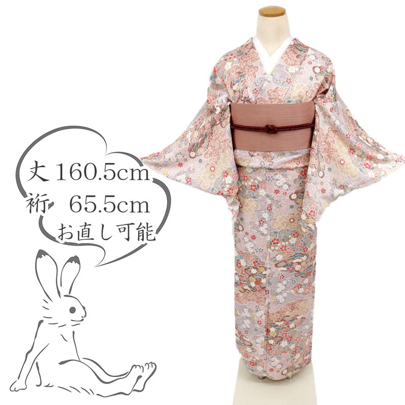 【中古】特選『単衣』小紋 雲文に四季折々の植物花模様 紅藤色 ピンク 身丈160.5cm 裄丈65.5cm 和装 KP3-22