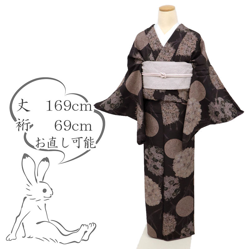 【中古】長尺 小紋 梅菊流水の丸文に組紐文様 紫黒色 身丈169cm 裄丈69cm 袷正絹着物 KP4-28