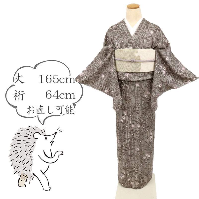 【中古】長尺【単衣】小紋 細やか縞に秋草模様 カジュアル 白×赤墨色 身丈165cm 裄丈64cm 和装 正絹着物 KP4-29 lsize トールサイズ