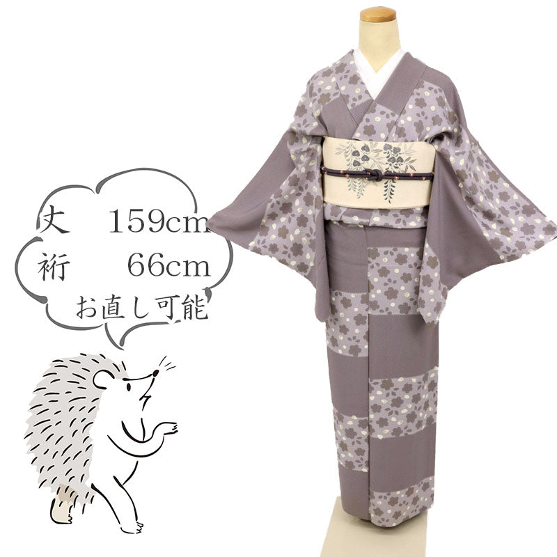 【中古】単衣 小紋 横段に桜と梅の花 カジュアル 濃淡紫鼠色 身丈159cm 裄丈66cm 和装 普段着に♪正絹着物 KP4-30