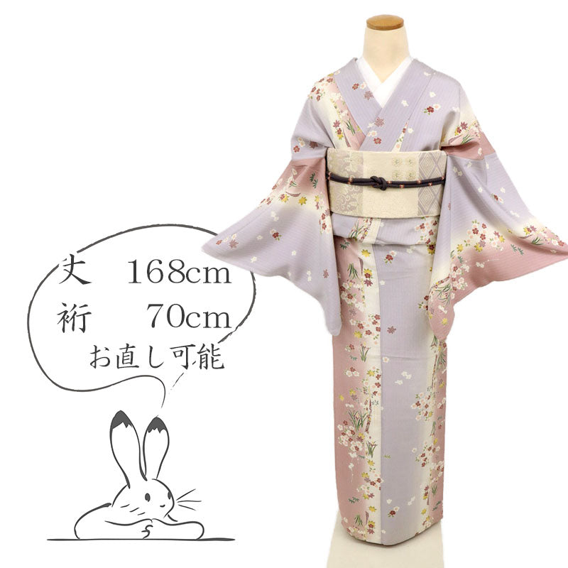【中古】長尺 単衣 縦のラインぼかしに植物花模様 カジュアル 紅藤白 身丈168cm 裄丈70cm 和装 正絹着物 KP4-33 lsize トールサイズ
