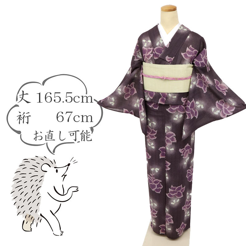 【中古】長尺 洗える夏着物 小紋『和風館ICHI』鈴蘭花模様 紫黒鳶 化繊着物 カジュアル 身丈165.5cm 裄丈67cm KP7-87