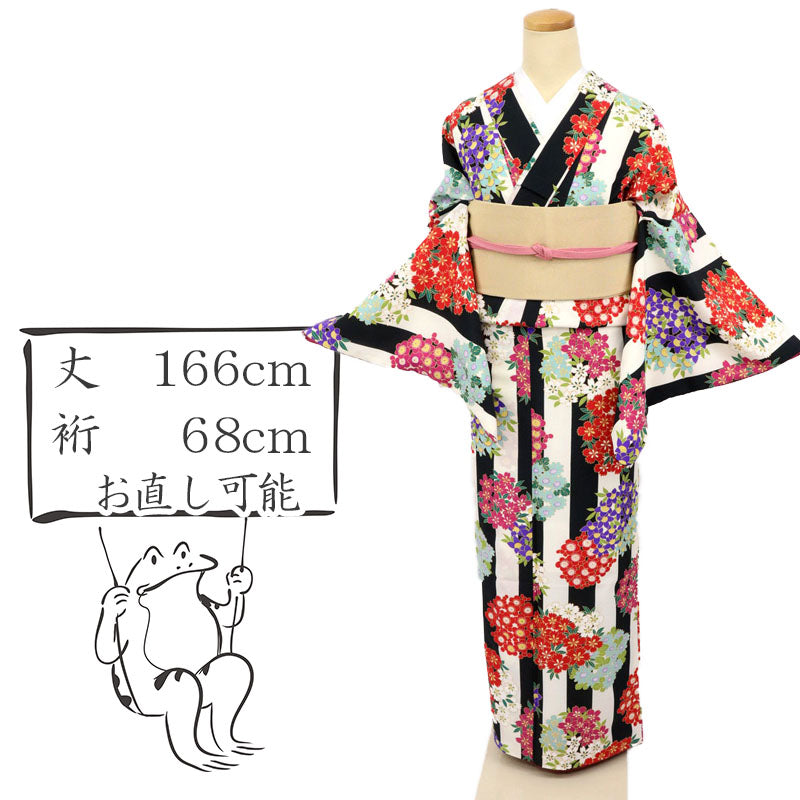 【新品】洗える着物『きもの道楽』小紋 太縞花に花 カジュアル 白 身丈166cm 裄丈68cm 袷化繊着物 KS11-14
