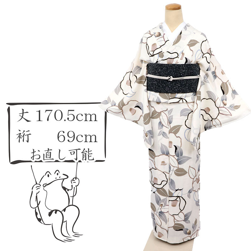 【中古】長尺 特選 小紋 モダン 椿の花模様 白ちりめん地 カジュアル 身丈170.5cm 裄丈69cm 袷正絹着物 KS3-16