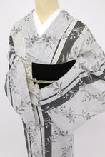 画像をギャラリービューアに読み込む, 【中古】長尺 洗える夏着物 小紋 縞に植物ライン カジュアル 白黒モノトーン 身丈163cm 裄丈62.5cm 化繊 KS7-59
