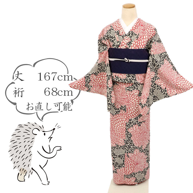 【中古】長尺 洗える着物『和風館』小紋 菊づくし カジュアル 白 身丈167cm 裄丈68cm 袷化繊着物 KY11-15