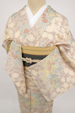 画像をギャラリービューアに読み込む, 【中古】単衣 小紋 彩りの花草模様 カジュアル 紗綾型地紋 身丈157.5cm 裄丈67.5cm 和装 ベージュ多色 正絹着物 KY3-11
