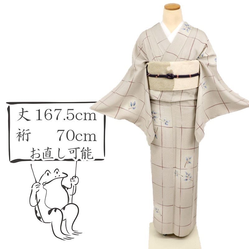 【中古】長尺 単衣 小紋 格子にしっとり葉模様 カジュアル 淡いグレー 身丈167.5cm 裄丈70cm 和装 正絹着物 KY4-27 lsize トールサイズ