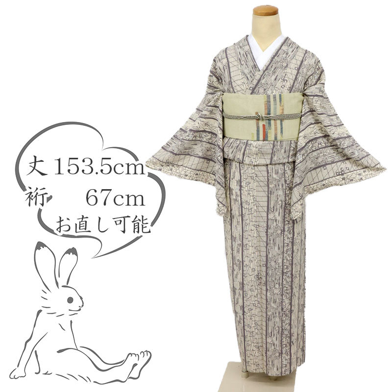 【中古】小さめ 夏着物『絽』縞に植物の寄せ柄小紋 アイボリー 正絹 身丈163cm 裄丈65.5cm KY4-35