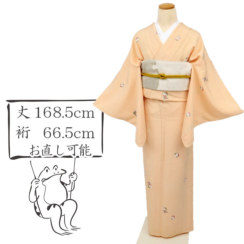 【中古】長尺 単衣 小紋 小さな色紙に金彩道長取り オレンジ色 カジュアル 身丈168.5cm 裄丈66.5cm 正絹着物 KY5-3