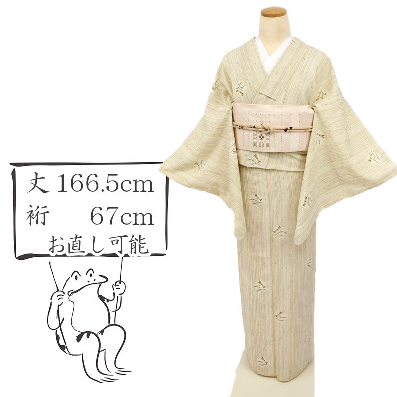 【中古】洗える♪単衣着物 小紋 点描の縞にとんぼ 鳥の子色 カジュアル 作家落款有 身丈166.5cm 裄丈71cm 化繊着物 KY7-124