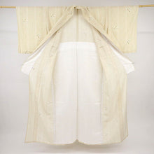 画像をギャラリービューアに読み込む, 【中古】洗える♪単衣着物 小紋 点描の縞にとんぼ 鳥の子色 カジュアル 作家落款有 身丈166.5cm 裄丈71cm 化繊着物 KY7-124
