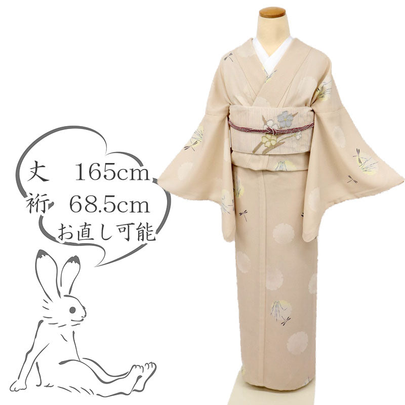【中古】長尺 洗える夏着物 涼感小紋 肌色 カジュアル 雪輪に木賊と蜻蛉 身丈165cm 裄丈68cm 化繊着物 KY9-3