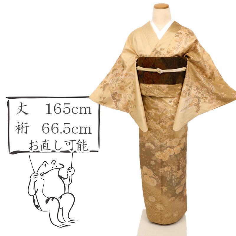 【中古】長尺 上質紬 訪問着 絞り 四季の花々模様 カジュアル 飴色 身丈165cm 裄丈66.5cm 袷正絹着物 MC10-7 lsize トールサイズ