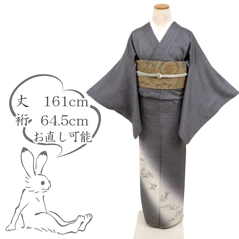 【中古】ぜんまい紬 訪問着 『鳥獣人物戯画』 外出着 藍墨茶色 身丈161cm裄丈64.5cm 和装きもの 袷正絹着物 MH2-2
