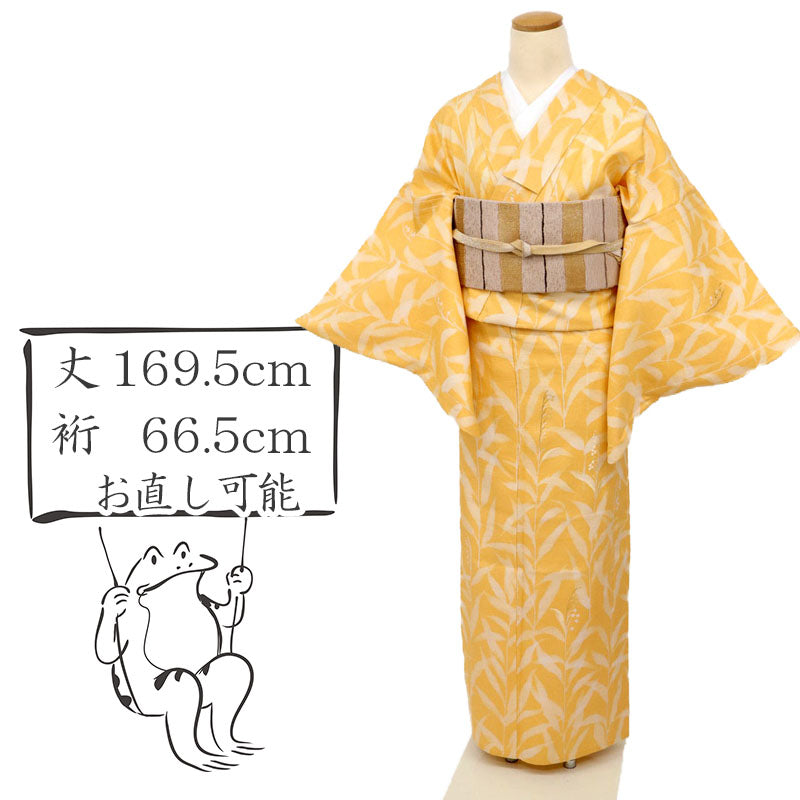 【中古】長尺 単衣 紬 付下げ 小さなスズランの花 オレンジ色 カジュアル 身丈165.5cm 裄丈66cm 正絹着物 MY5-1