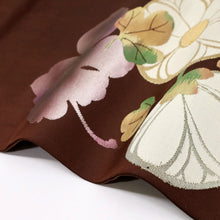 画像をギャラリービューアに読み込む, 【中古】名古屋帯 菊の花模様 濃茶色 カジュアル 普段着に 長さ353.5cm 帯巾30.5cm 正絹着物 NC12-9
