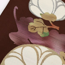 画像をギャラリービューアに読み込む, 【中古】名古屋帯 菊の花模様 濃茶色 カジュアル 普段着に 長さ353.5cm 帯巾30.5cm 正絹着物 NC12-9
