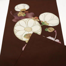 画像をギャラリービューアに読み込む, 【中古】名古屋帯 菊の花模様 濃茶色 カジュアル 普段着に 長さ353.5cm 帯巾30.5cm 正絹着物 NC12-9
