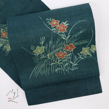 画像をギャラリービューアに読み込む, 【中古】夏の麻 名古屋帯 籬に桔梗の花模様 青緑色 カジュアル 本麻 長さ343cm 帯巾30.5cm 着物 NG5-47
