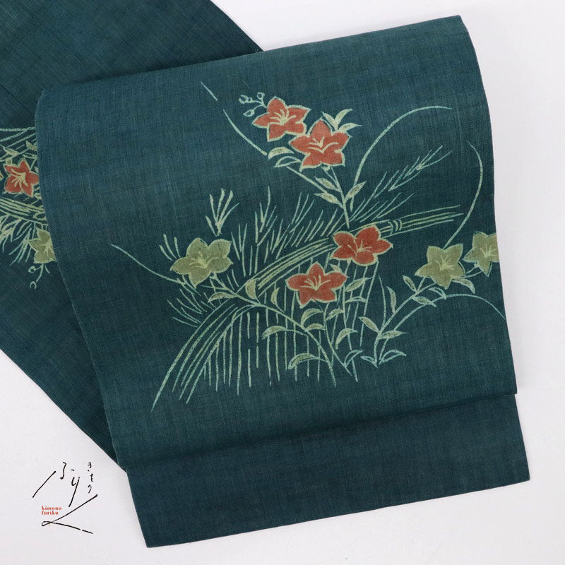 【中古】夏の麻 名古屋帯 籬に桔梗の花模様 青緑色 カジュアル 本麻 長さ343cm 帯巾30.5cm 着物 NG5-47