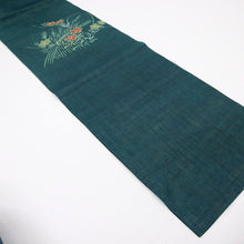 画像をギャラリービューアに読み込む, 【中古】夏の麻 名古屋帯 籬に桔梗の花模様 青緑色 カジュアル 本麻 長さ343cm 帯巾30.5cm 着物 NG5-47
