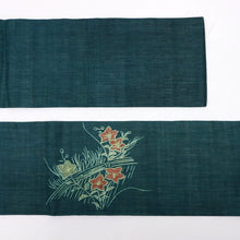 画像をギャラリービューアに読み込む, 【中古】夏の麻 名古屋帯 籬に桔梗の花模様 青緑色 カジュアル 本麻 長さ343cm 帯巾30.5cm 着物 NG5-47
