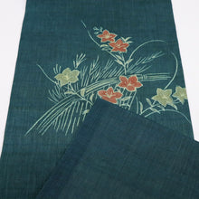 画像をギャラリービューアに読み込む, 【中古】夏の麻 名古屋帯 籬に桔梗の花模様 青緑色 カジュアル 本麻 長さ343cm 帯巾30.5cm 着物 NG5-47
