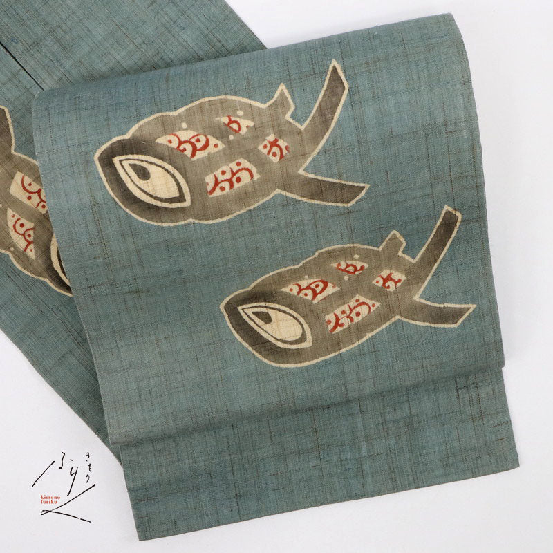 【中古】夏の麻 名古屋帯 作家物 型絵染 魚の姿 落款有 カジュアル 青鈍色 長さ364.5cm 帯巾31cm 着物 NG5-48