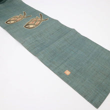 画像をギャラリービューアに読み込む, 【中古】夏の麻 名古屋帯 作家物 型絵染 魚の姿 落款有 カジュアル 青鈍色 長さ364.5cm 帯巾31cm 着物 NG5-48
