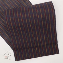 画像をギャラリービューアに読み込む, 【中古】夏の麻 八寸名古屋帯 縞模様シンプルストライプ 深紫多色 カジュアル 普段着に♪ 長さ365cm 帯巾31cm 麻着物 NP6-26
