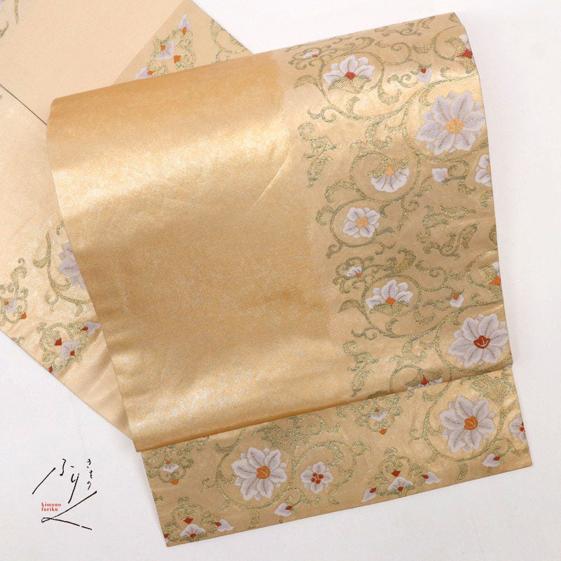 【中古】名古屋帯 煌びやか花唐草の片寄せ模様 カジュアル ゴールド 長さ353cm 帯巾30.5cm 正絹着物 NY1-10