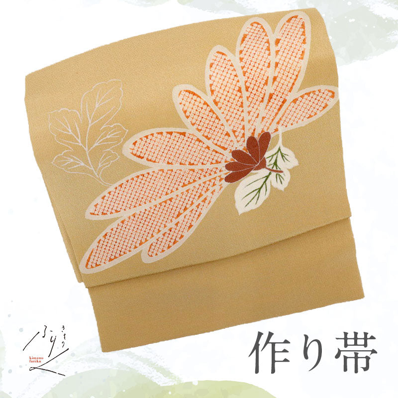 【中古】作り帯 名古屋帯 菊の花に小さな鹿の子模様 カジュアル ベージュちりめん地 帯巾30.5cm 正絹着物 NY10-16